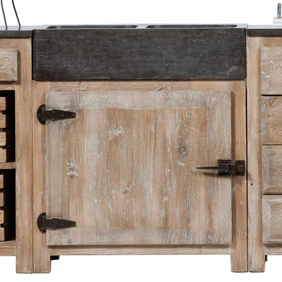 Rustikale Küchenzeile aus Recyclingholz Pinie Ashvills & Naturstein (vierteilig)