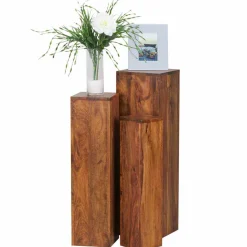 Rustikales Holz Pflanzensäulen Set Hoslo aus Sheesham massiv (dreiteilig)