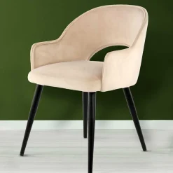 Samt Polsterstuhl mit Armlehnen in Creme - Custon (2er Set)