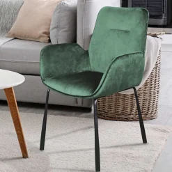 Samt Polsterstuhl mit Armlehnen in Grün - Panura
