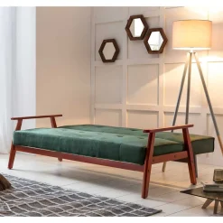 Samt Schlafsofa in Dunkelgrün & Kirschbaum - Sanfernada