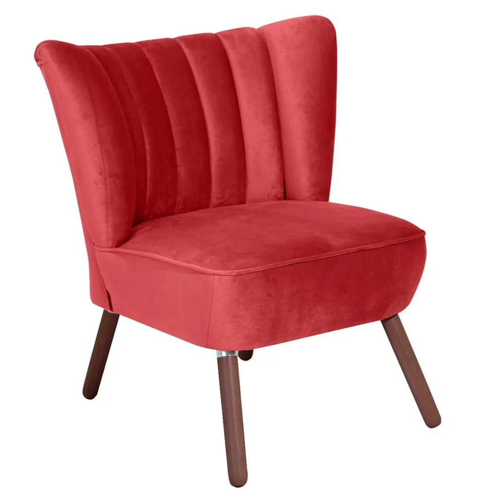 Samtvelours Sessel in Rot und Nussbaum - Darand