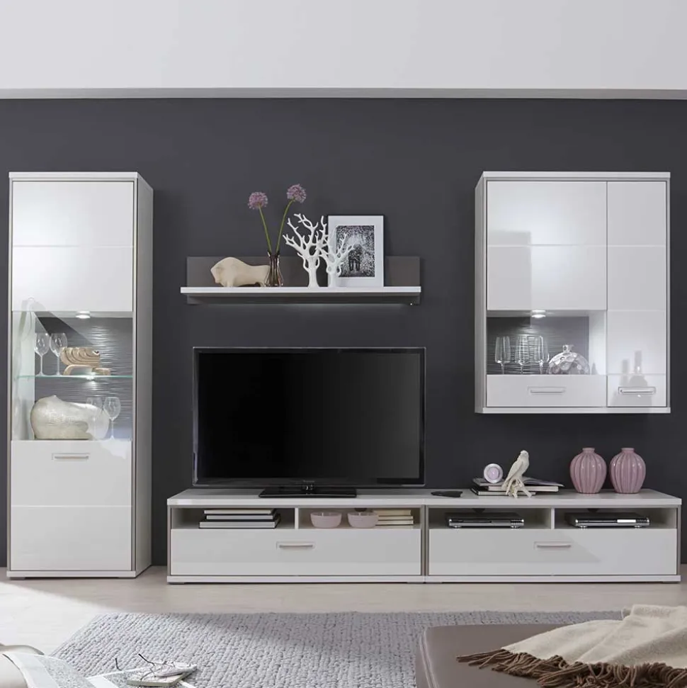 Schrankwand Tacroma in Weiß Hochglanz (fünfteilig)