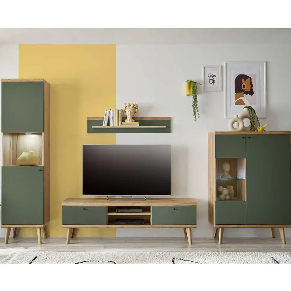 Skandi Wohnwand in Graugrün - Oliva (vierteilig)