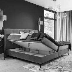 Stauraumbett mit Samtbezug in Hellgrau - Barstro