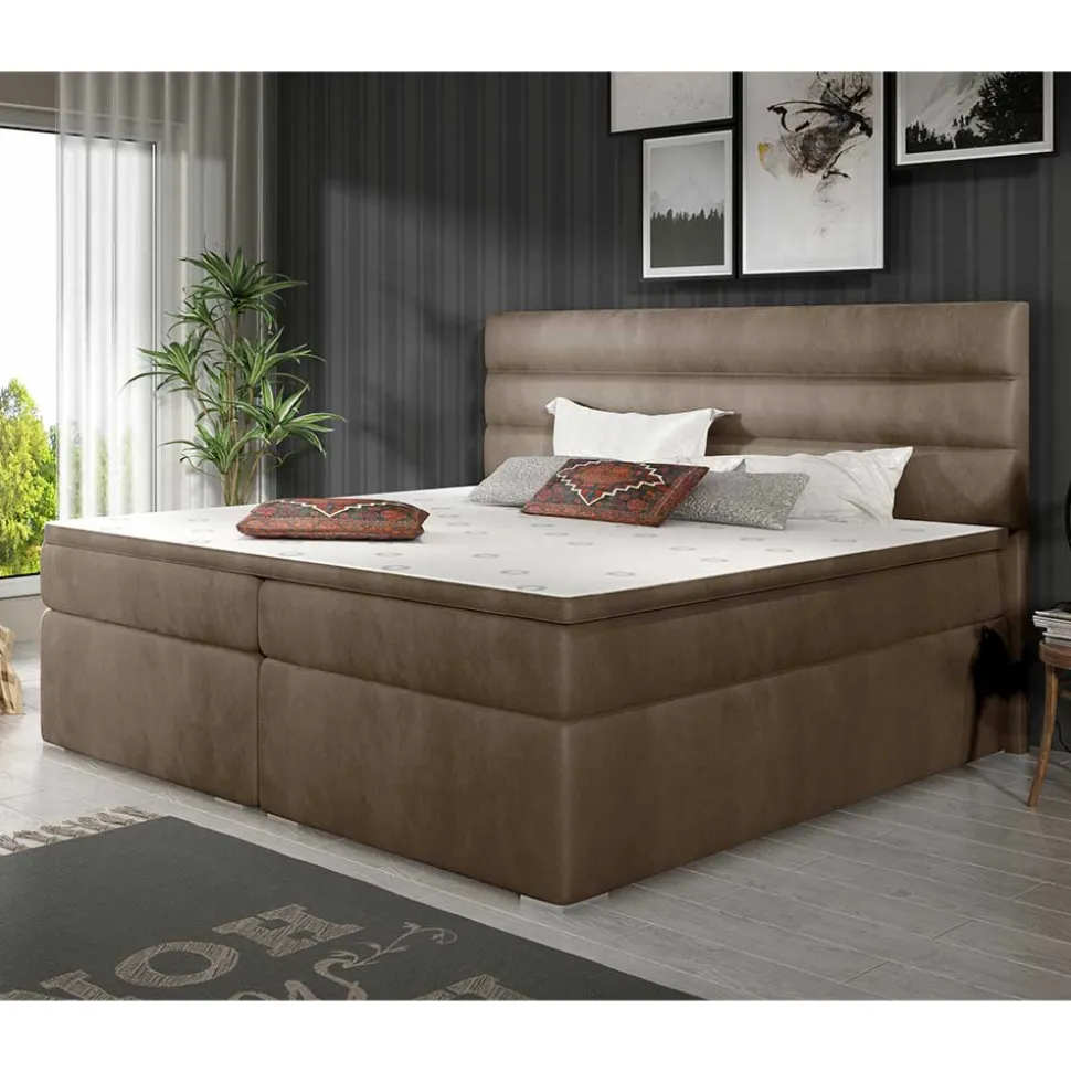 Stauraum-Polsterbett in Hellbraun Samt - Iceline