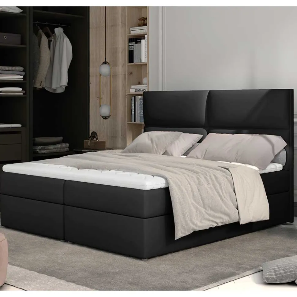 Stauraum-Polsterbett in Schwarz Kunstlederbezug - Malka