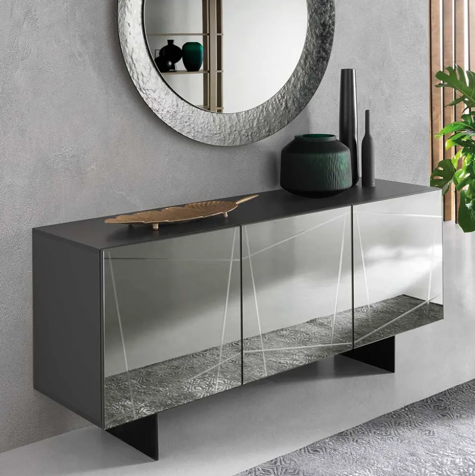 Stylisches Sideboard mit Spiegel Front in Rauchgrau - Odangelo