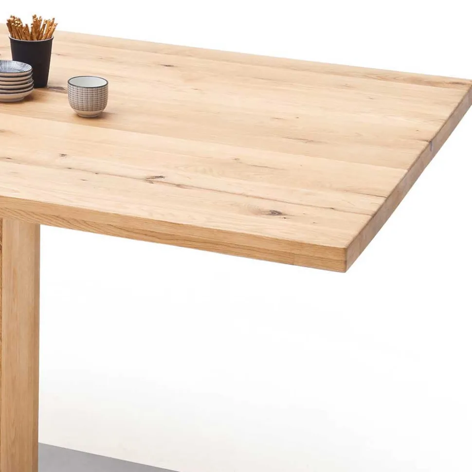 Säulen Esstisch mit Balkeneiche Powera & Bodenplatte mit Metall Mantel