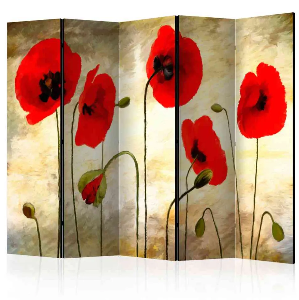 5-teiliger Paravent Gemalter Klatschmohn - Renira