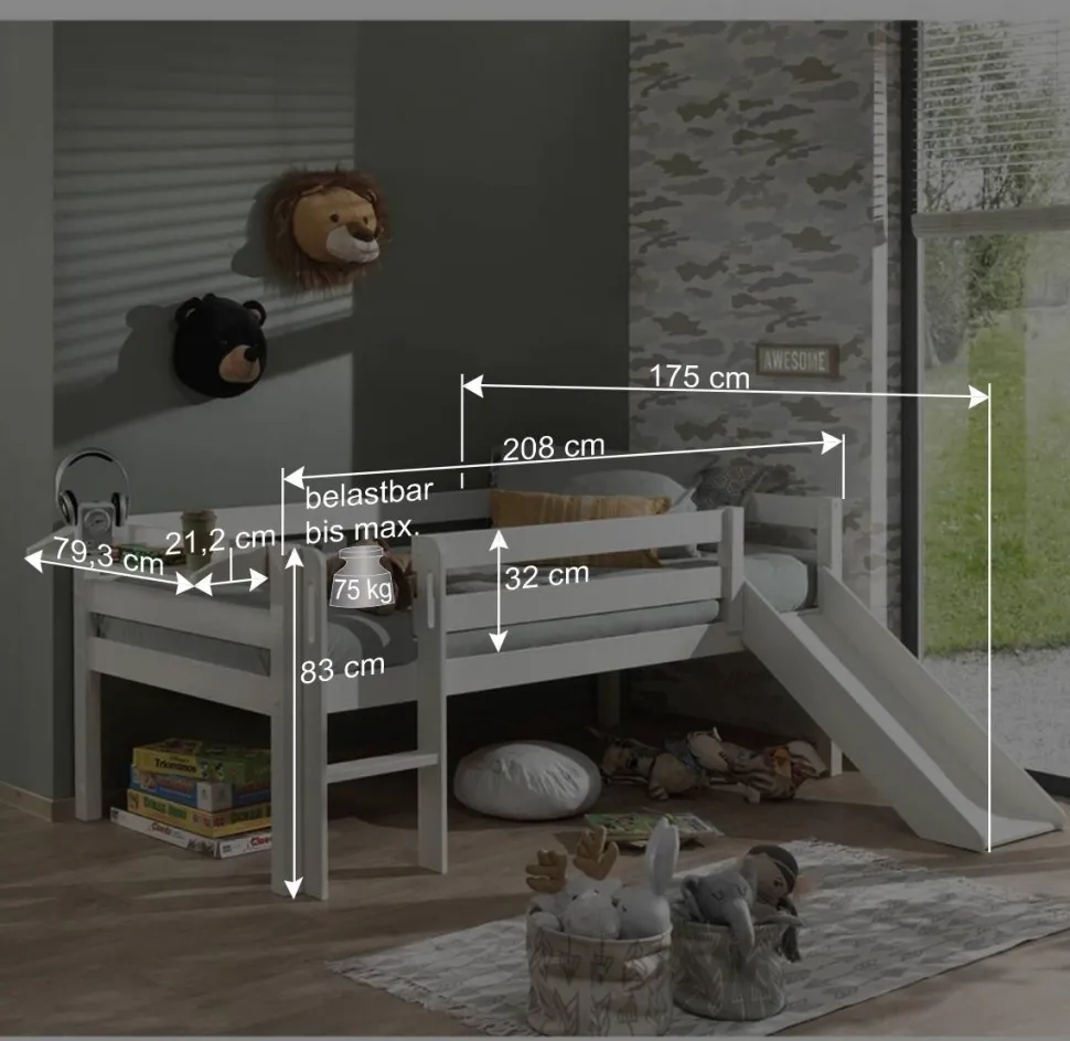 Tiefes Kinder-Hochbett mit Rutsche - Almaron