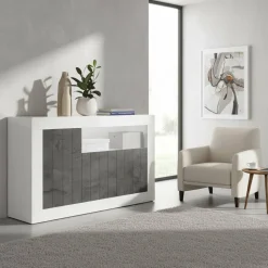 3-türige Kommode in Hochglanz Weiß & Grau - Voskala