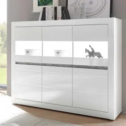 6-türiges Highboard in Weiß Hochglanz Mextra & Beton Dekor