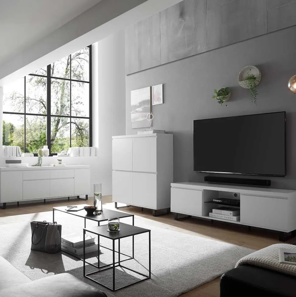 4-türiges Highboard in Weiß mit Schwarz - Atela