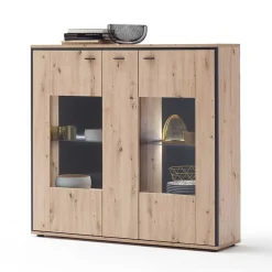 3-türiges Highboard mit Glas in Holzdekor Eiche - Nikdus