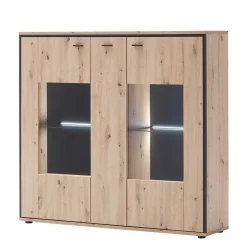 3-türiges Highboard mit Glas in Holzdekor Eiche - Nikdus