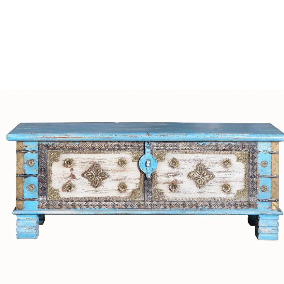 Truhe in Blau Antikweiß Bronze Braun - Olavio