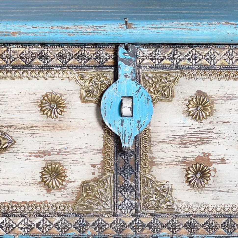 Truhe in Blau Antikweiß Bronze Braun - Olavio