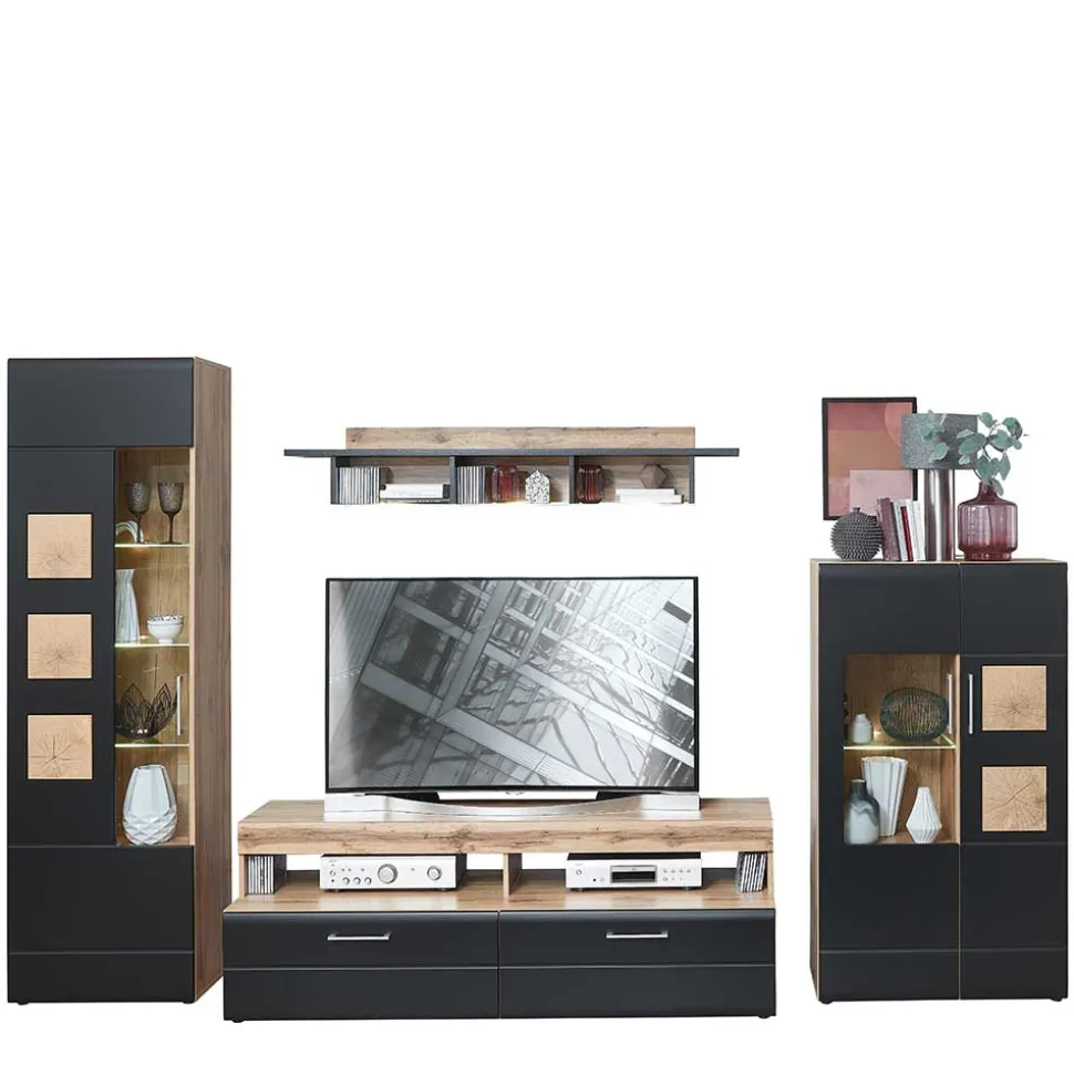 TV Anbauwand in Schwarz & Wildeiche - Kandu (vierteilig)