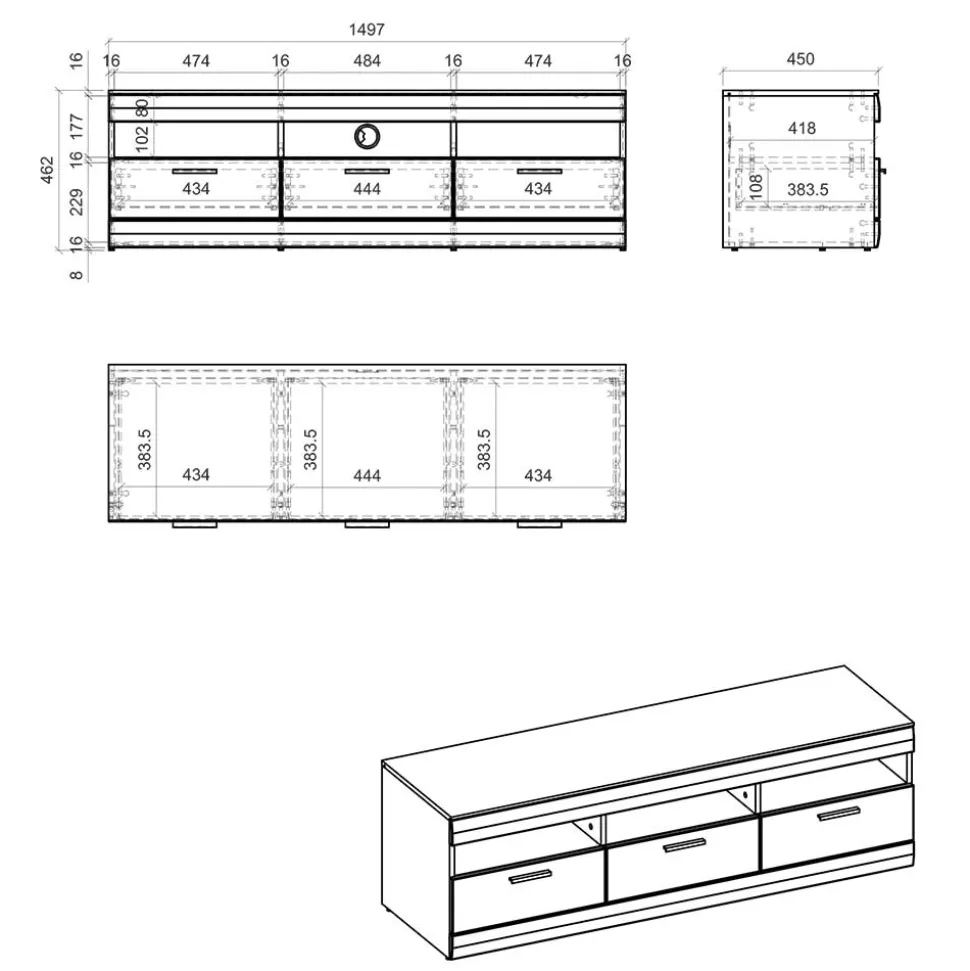 TV Unterschrank in Hellgrau & Zinneiche NB - Lioscas