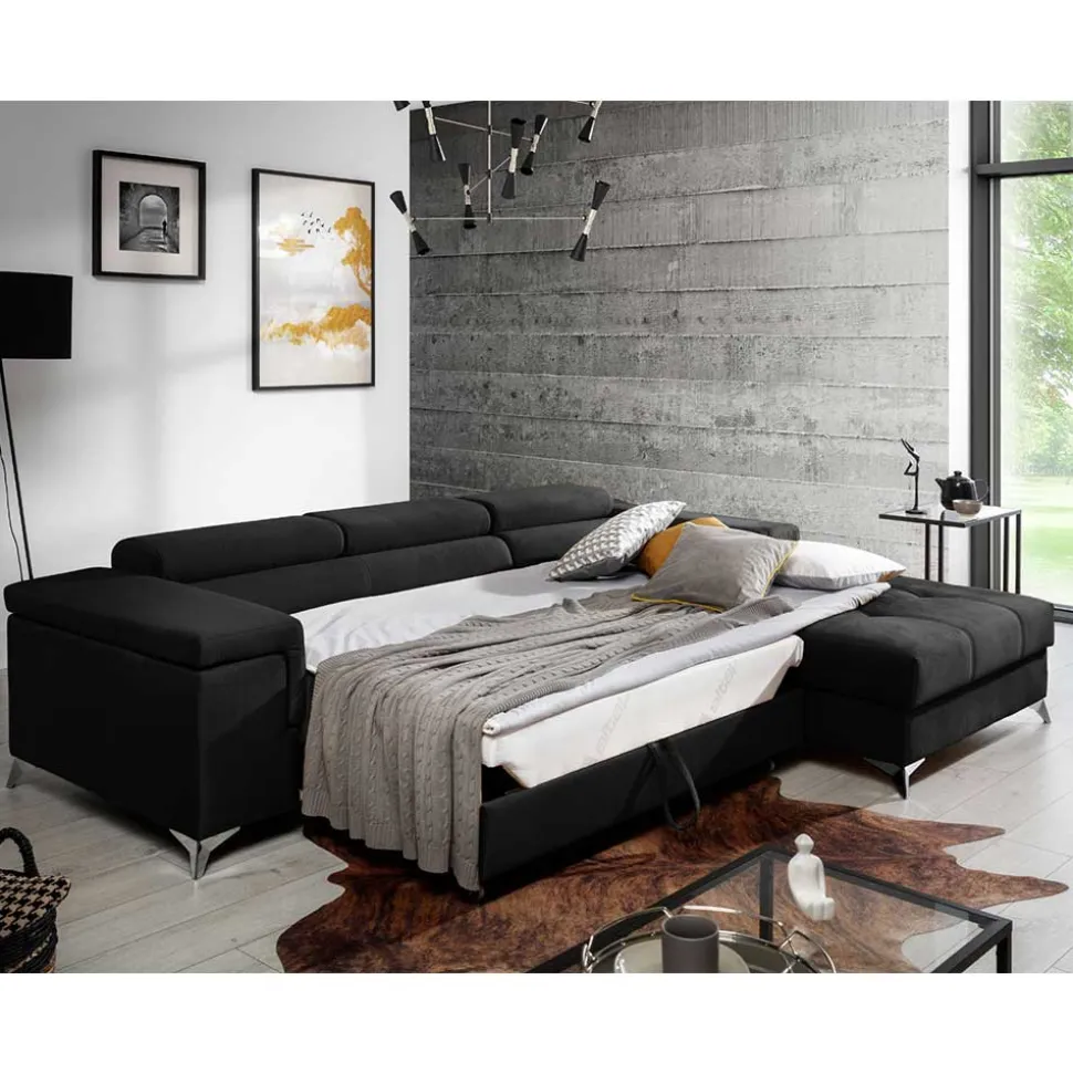 Velours Ecksofa in Schwarz - Milwaukee