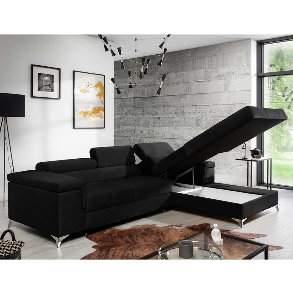 Velours Ecksofa in Schwarz - Milwaukee