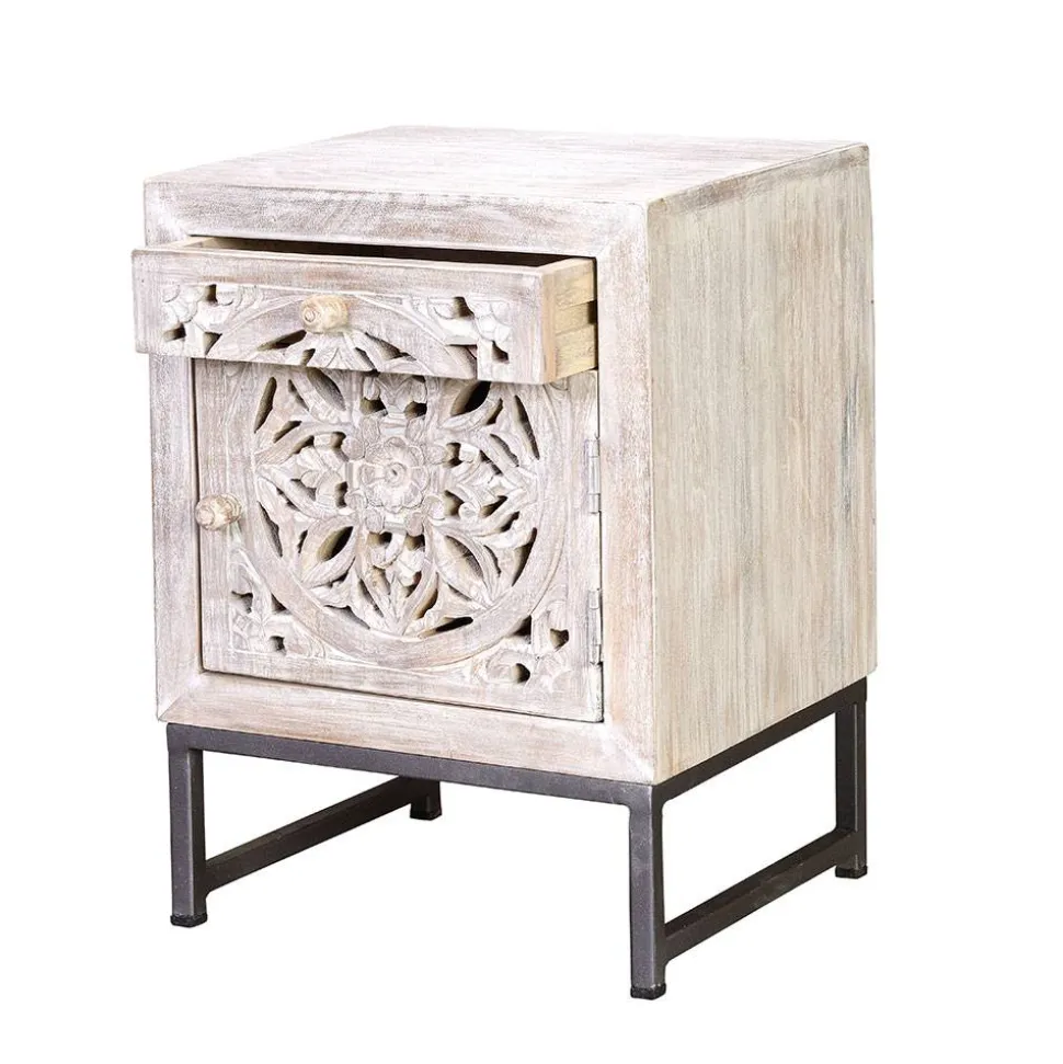 Vintage Nachtschrank aus Mangoholz White Wash - Fudorus