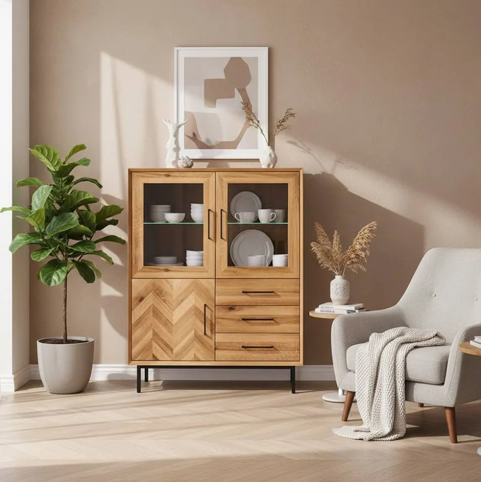 Vitrine Highboard mit 3 Türen & Schubladen - Kerfa