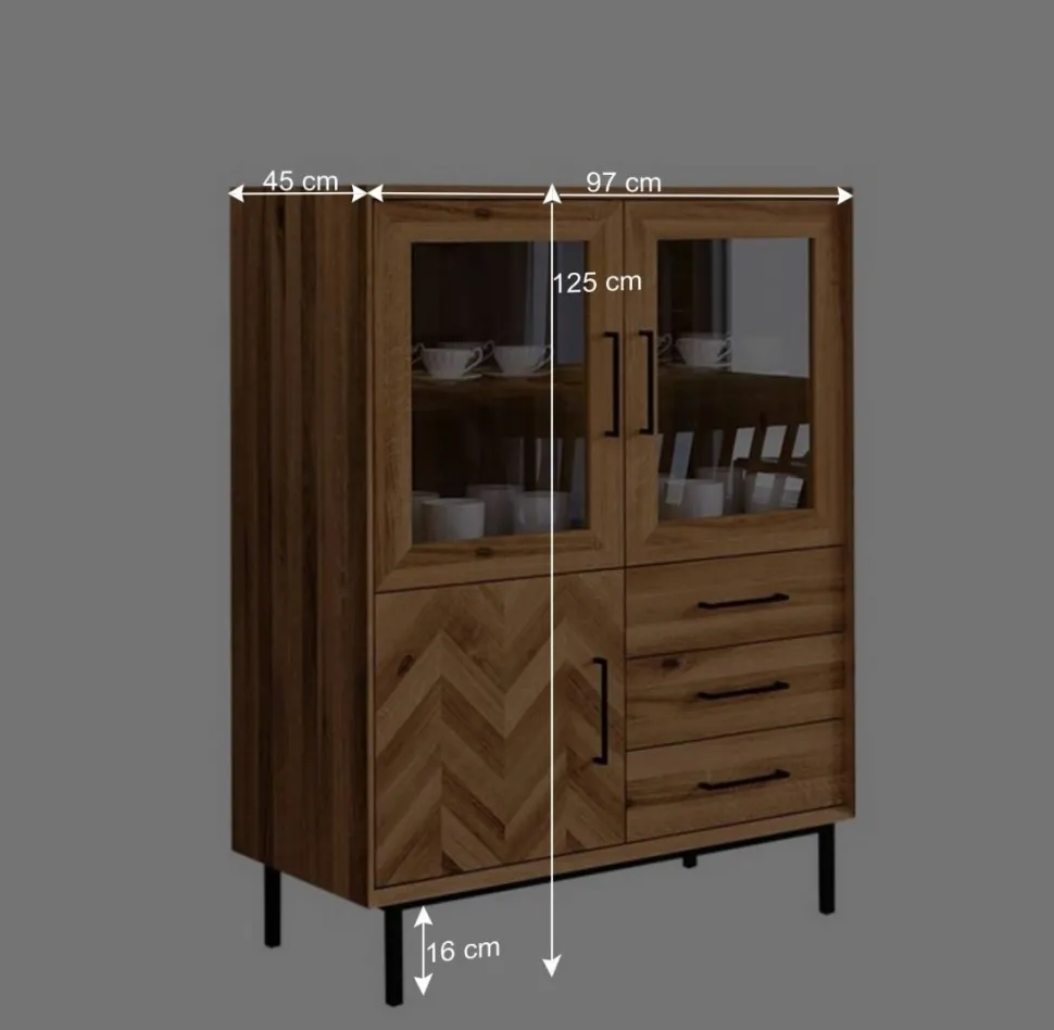 Vitrine Highboard mit 3 Türen & Schubladen - Kerfa