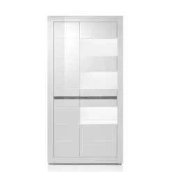 Vitrine in Weiß hochglänzend Mextra mit Absetzung Beton Optik