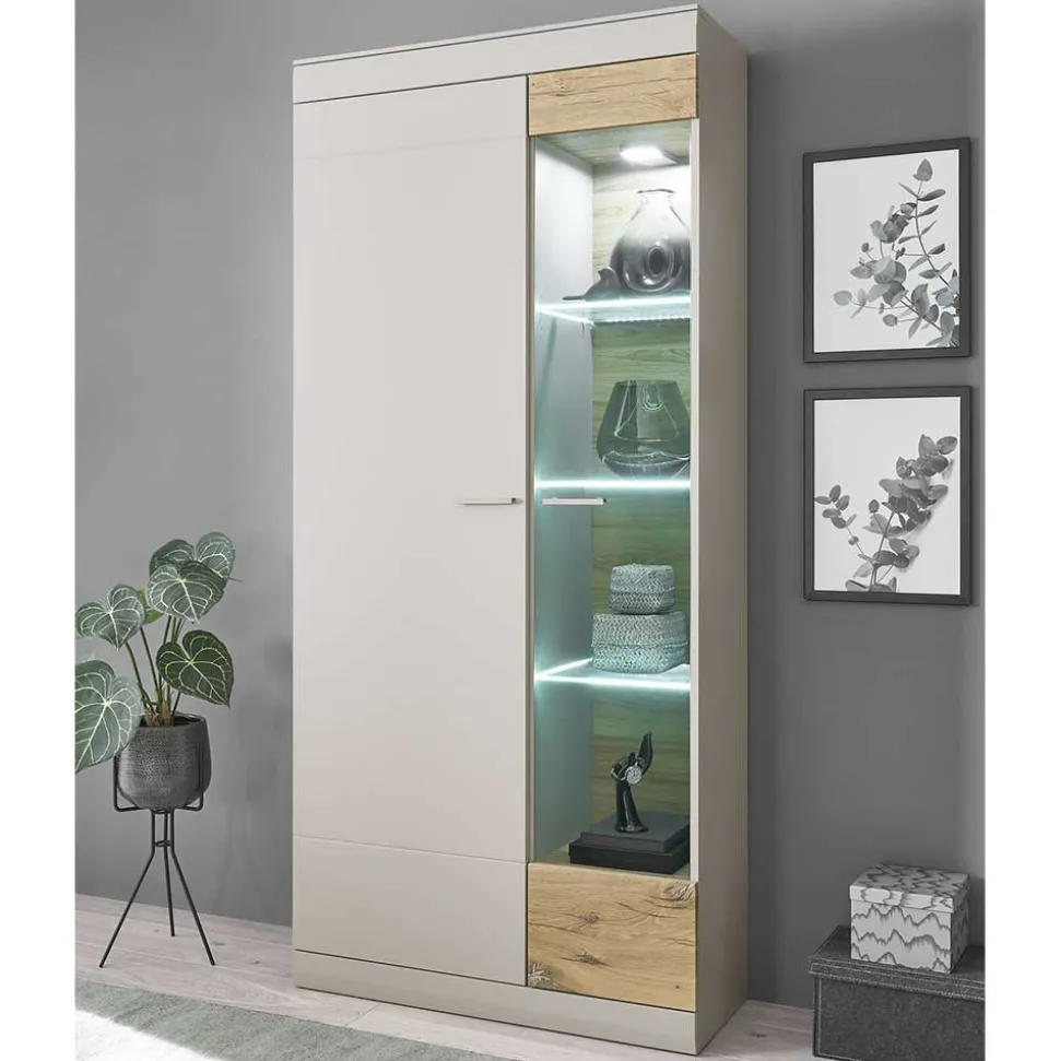 Vitrinenschrank in Hellgrau & Zinneiche NB - Lioscas