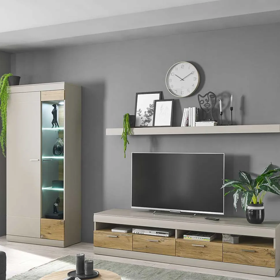 Vitrinenschrank in Hellgrau & Zinneiche NB - Lioscas