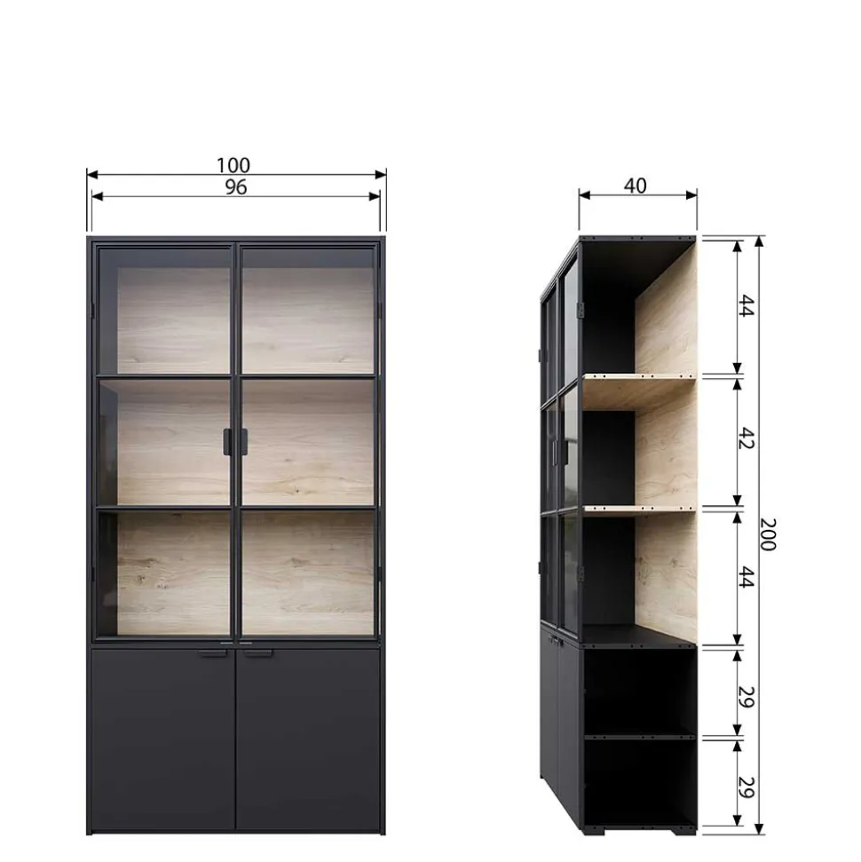 Vitrinenschrank in Kiefer und Schwarz - Angoro