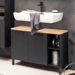 Waschbeckenunterschrank in Schwarz mit Wildeiche Dekor - Riguna