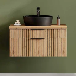 Waschkommode mit Aufsatzbecken in Schwarz - Crystoga