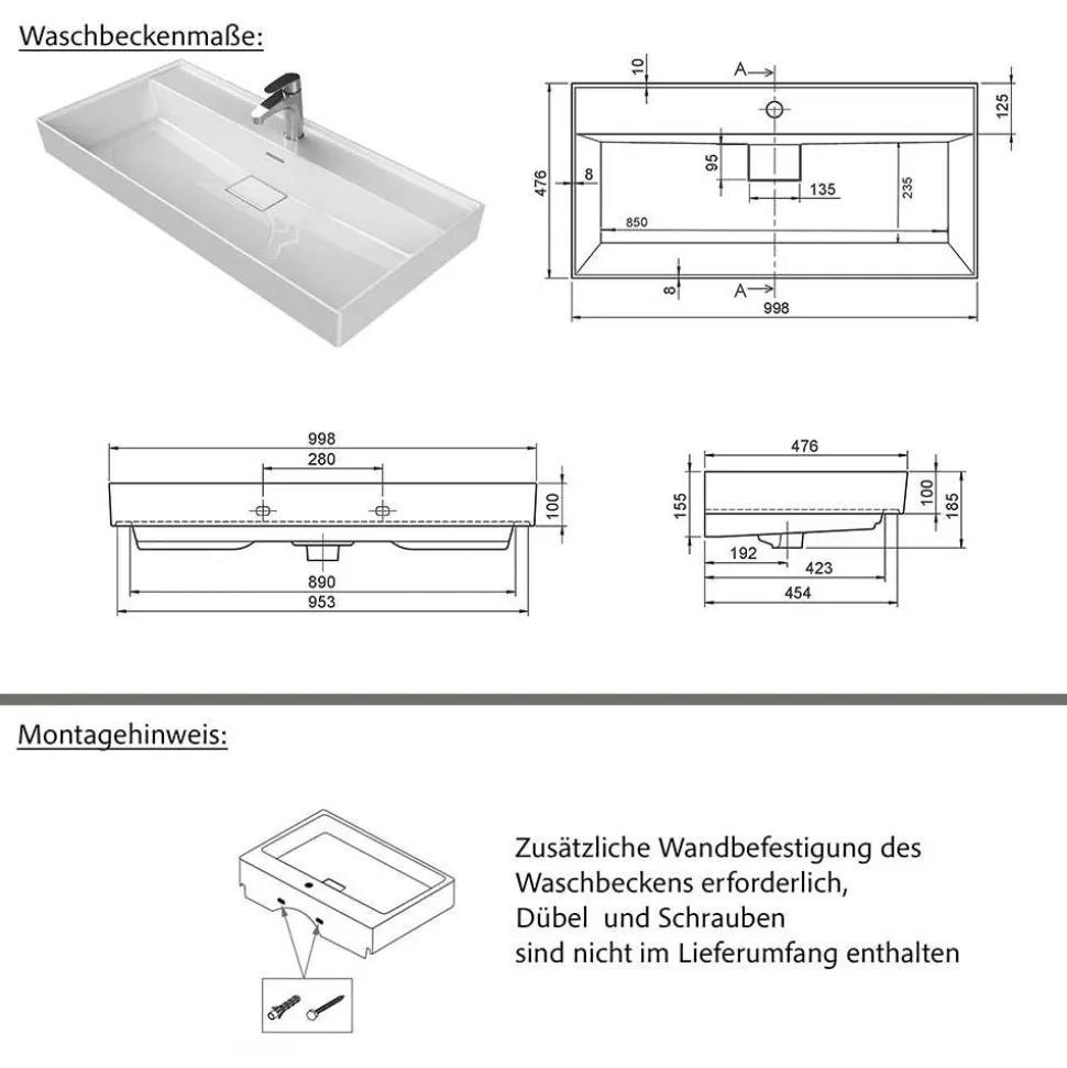 Waschtisch für eine Armatur in Hellgrau - Adendras