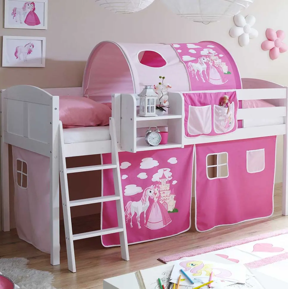 Weiß lackiertes Hochbett Gestell mit Stoff in Pink - Dunyeta