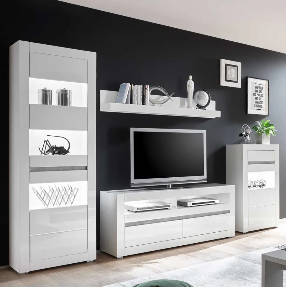 Weiße Hochglanzmöbel für das Wohnzimmer Mextra optional mit LED (vierteilig)
