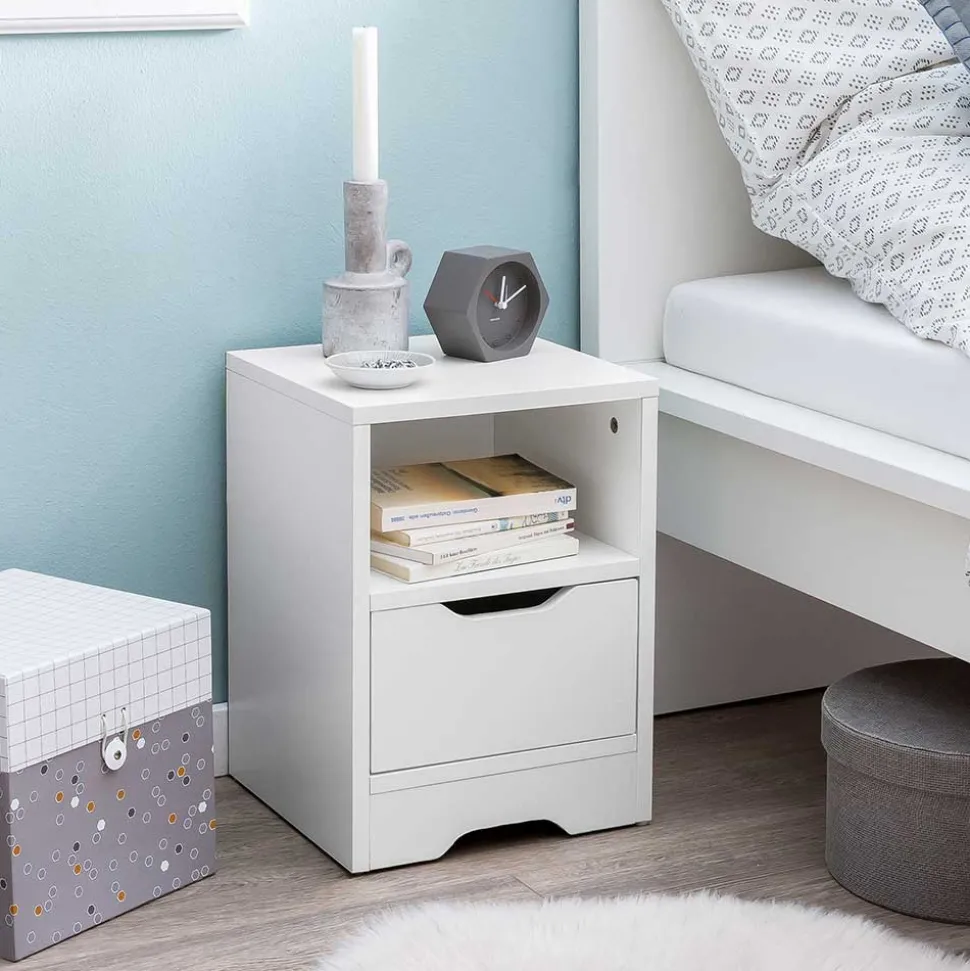 Weiße Nachtkonsole mit Schublade und Fach - Hank