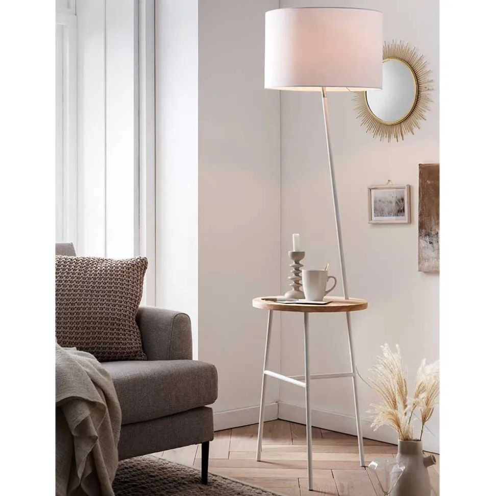 Weiße Stoff Stehlampe mit Ablagetisch - Passenna