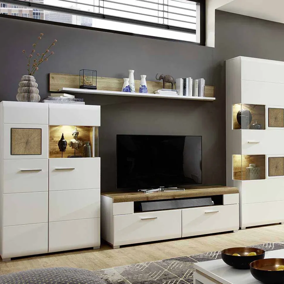 Weiße Wohnwand Lisepio mit Eichen-Elementen (vierteilig)