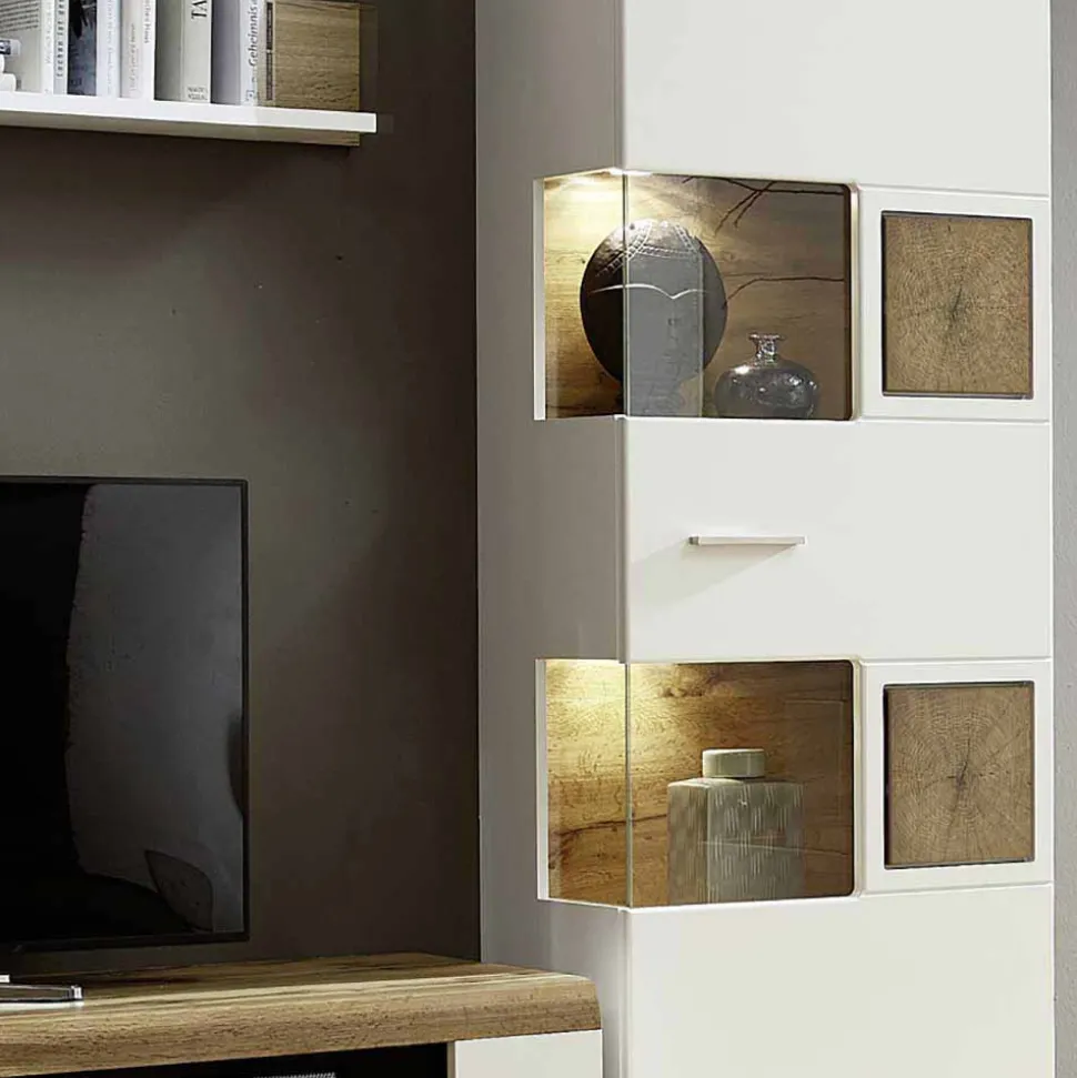 Weiße Wohnwand Lisepio mit Eichen-Elementen (vierteilig)
