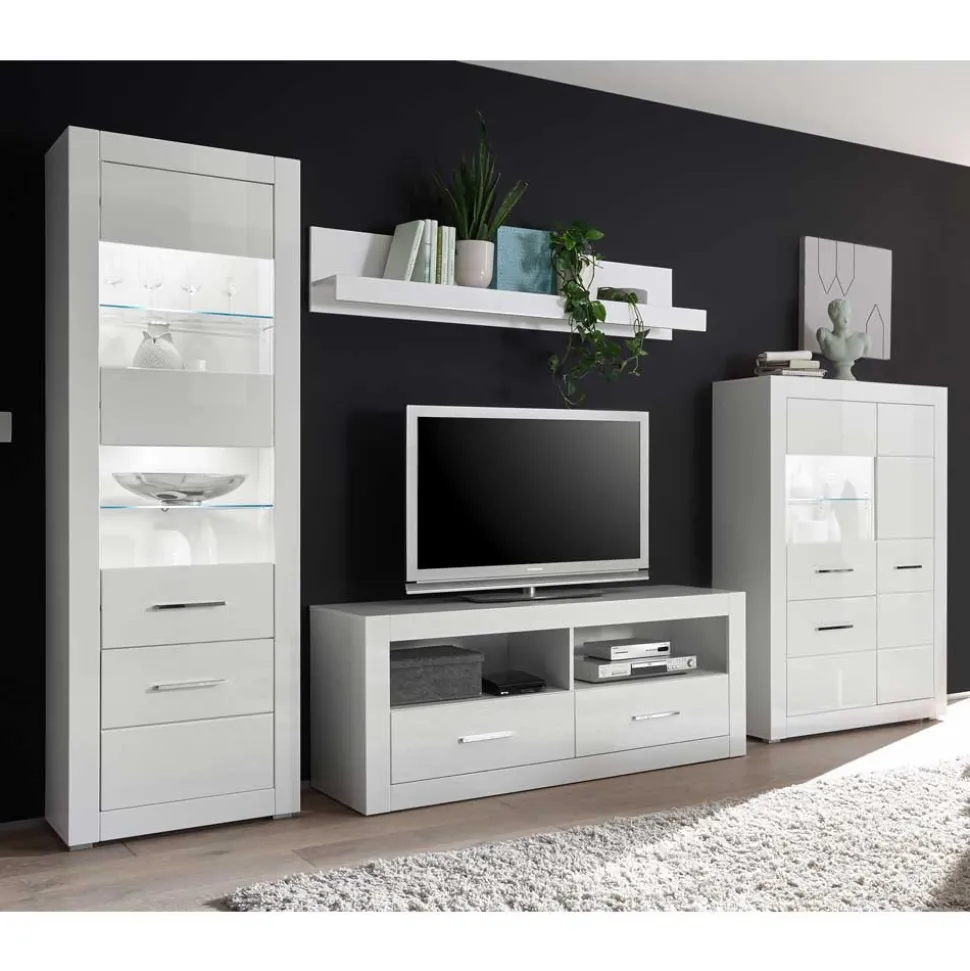 Weiße Wohnwand mit Hochglanz Fronten Yulis optional mit Beleuchtung (vierteilig)