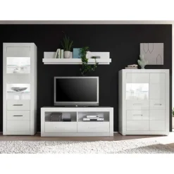 Weiße Wohnwand mit Hochglanz Fronten Yulis optional mit Beleuchtung (vierteilig)