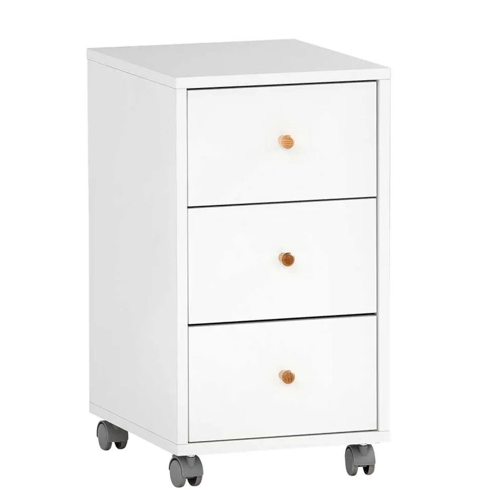 Weißer Schreibtisch-Rollcontainer mit Holzgriffen - Obtin