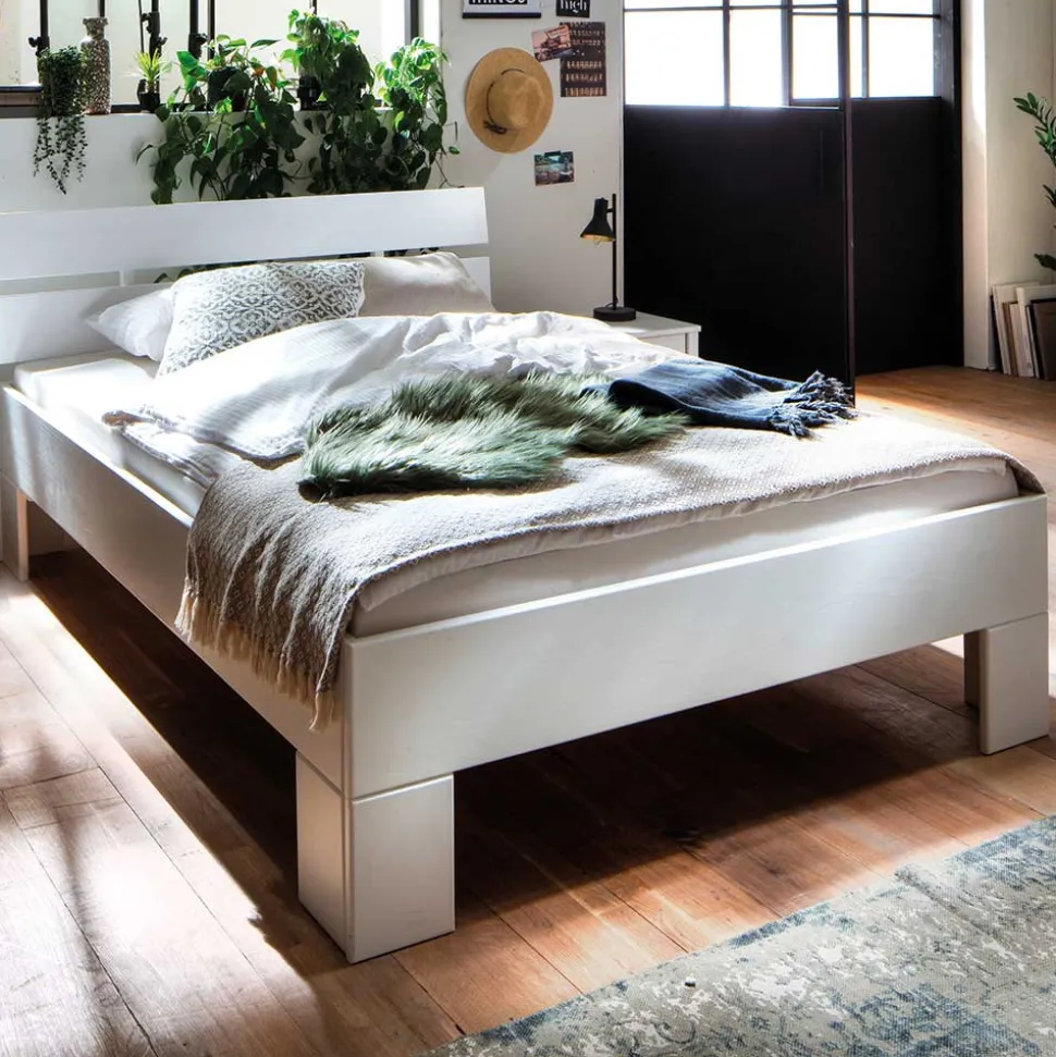 Weißes Bettgestell aus Fichte Massivholz - Snoudy