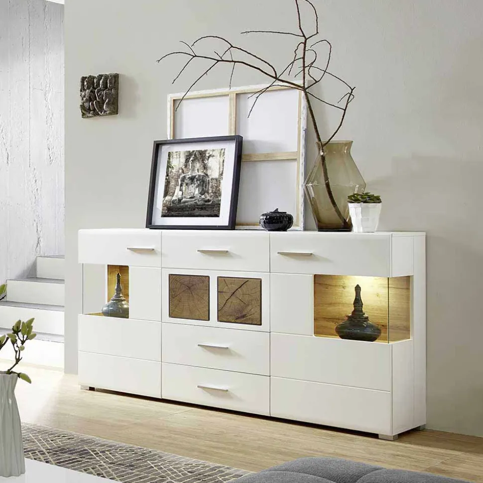 Weißes Design-Sideboard mit Glas & LED - Lisepio