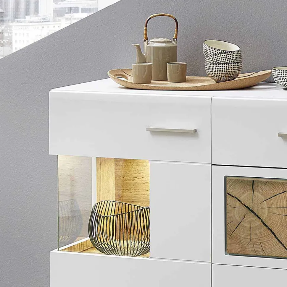 Weißes Design-Sideboard mit Glas & LED - Lisepio