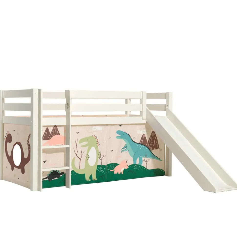 Weißes Hochbett mit Dino Vorhangset - Cironna