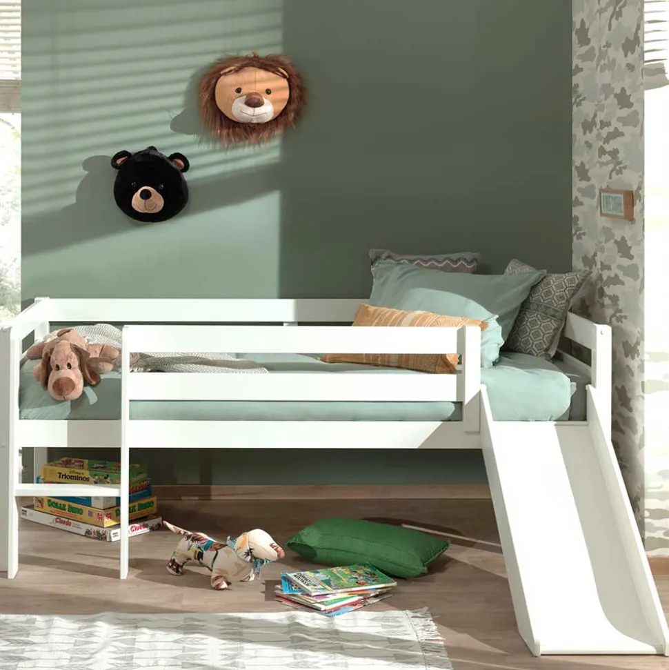 Weißes Hochbett mit Rutsche - nur 83 cm hoch - Kendalas